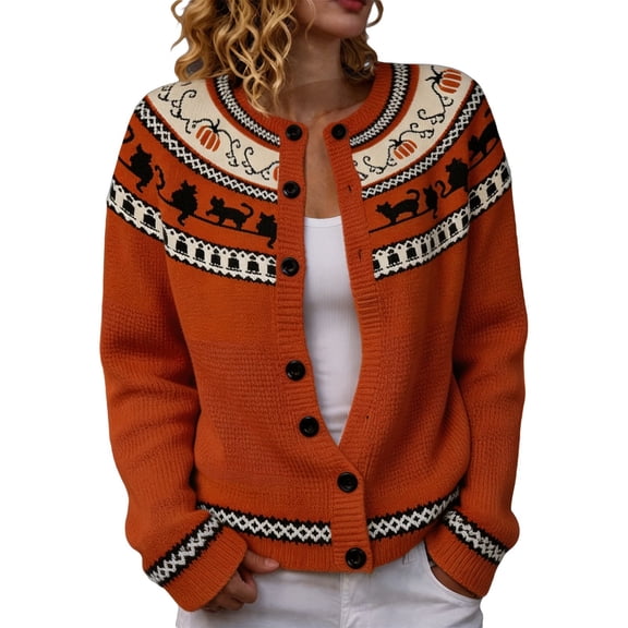 JIAYUE Women's Halloween Cardigan Crew Neck Pumpkin Pattern Fair Isle Knit Sweater Button Long Sleeve Outerwear for Daily Relax Wear