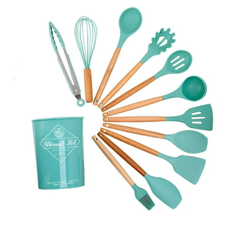 

Kitchen Utensils Set 12 Pcs Non-Stick Silicone Cooking Utensils Set（With storage bucket） Sturdy Wooden Handle Heat Resistance Silicone Spatula Spoon Kitchen Gadgets Utensils Set