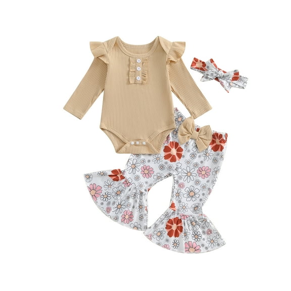 Suealasg Baby Girl Fall Outfits 3M 6M 12M 18M Infant Girls Long Sleeve Romper Floral Print Flare Pants Headband 3Pcs Newborn Girl Autumn Clothes