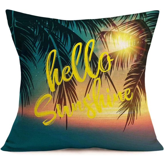 Throw Pillow Case Cover Hello Sunshine Quotes with Sunset Clouds Tropical Coconut Palm Leaves Polyester Linen Pillow Case for Decorative Bedroom Sofa Couch Pillow Cushion Covers 18x18 Inch