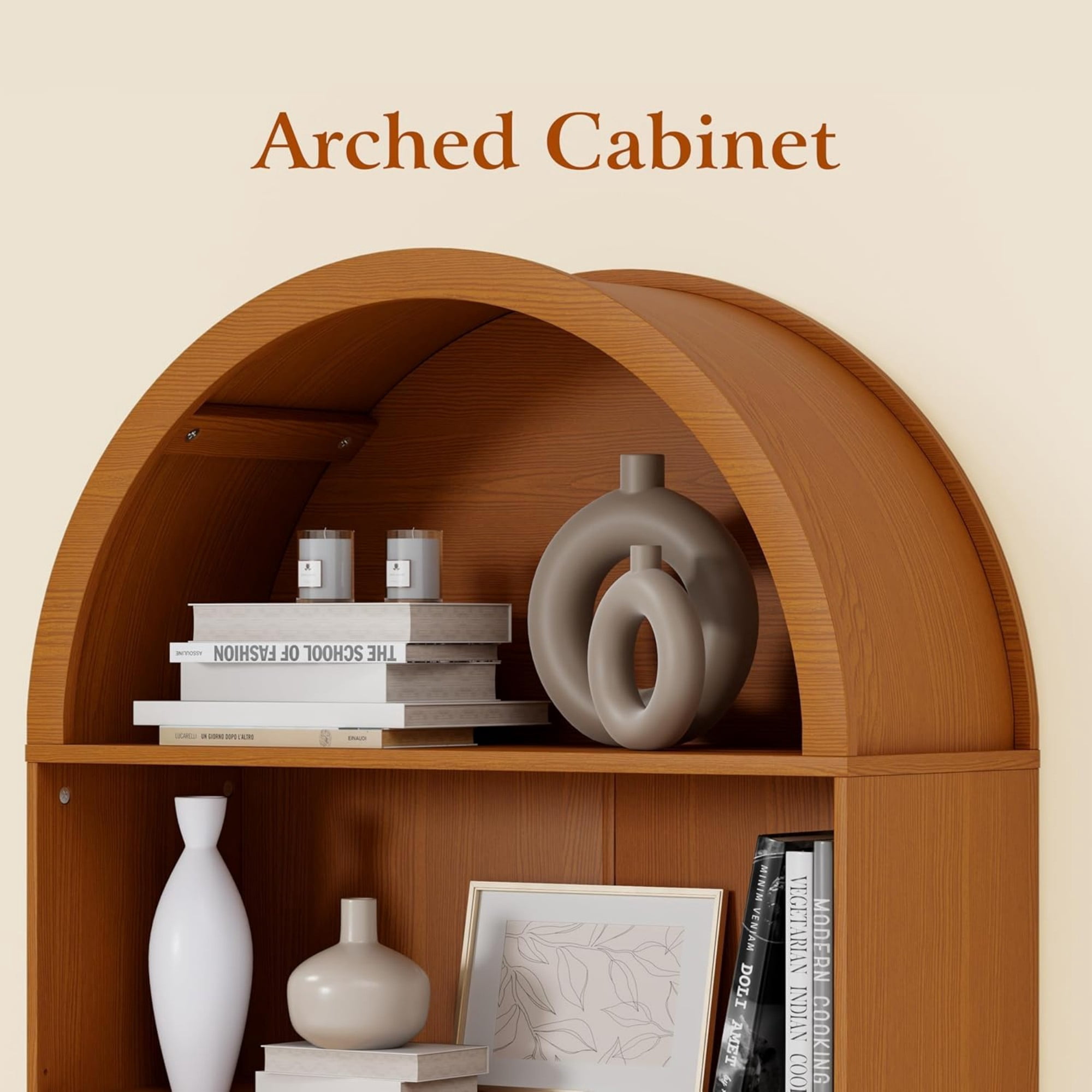 71" Tall Arched Bookshelf, 5 Tier Modern Farmhouse Bookcase with Sliding Doors & Adjustable Shelves, Wood Display Cabinet, Yellow