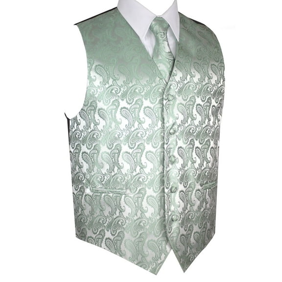"BEST TUXEDO" Men's Formal, Wedding, Prom, Homecoming, Tuxedo Vest, Tie & Hankie Set - Sage Paisley