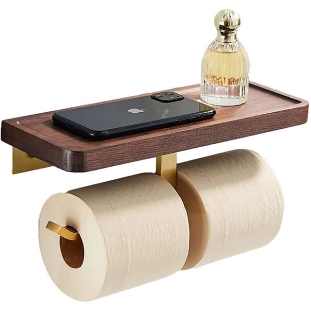 Portarrollos de papel higiénico doble con estante, Portarrollos de papel higiénico con estante de almacenamiento de madera rústica, sin taladros ni tornillos, montado en la pared,