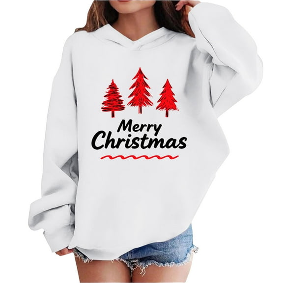 Lorytime Kids Hoodies for Boys Girl Merry Christmas Sweatshirt Long Sleeve Pullover Drop Shoulder Festive Tops White