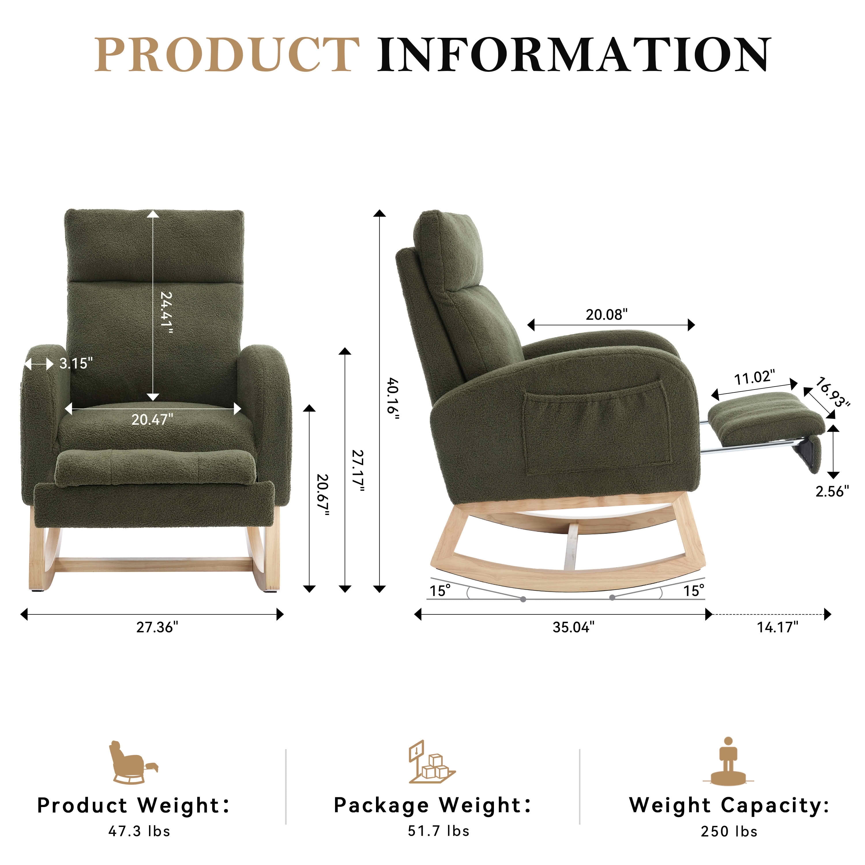 MAYEERTY Teddy Fabric Leisure Rocking Chair, Nursery Chair with Adjustable Footstool, Thickened Headrest, High Backrest & Right-Side Storage Pocket, Solid Wood Base Rocker, Green