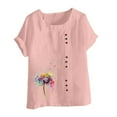 thumbnail image 2 of WREESH Womens Casual Summer Cotton Linen Shirts Loose Print Regular Button Round Neck Short Sleeve Short Sleeves Top Pink, 2 of 5