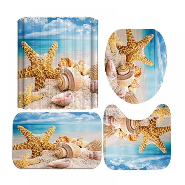3D Digital Printing Shower Curtain 4 Pieces 71x71in Summer Beach Print Starfish Shell Bathroom Set For Home / Hotel / Party Decoration