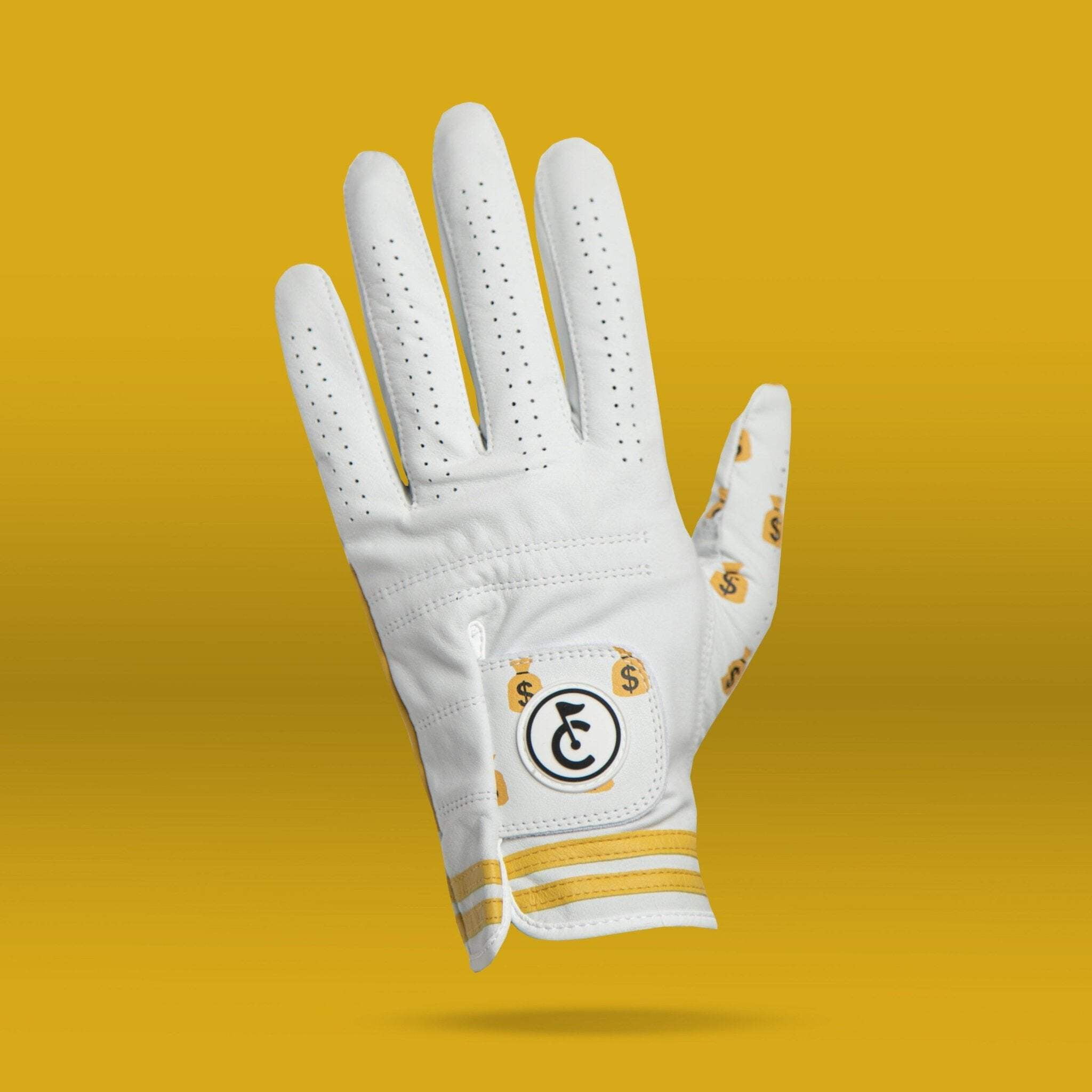 Money Bags Gold Golf Glove | Premium Cabretta Leather & Supportive Palm Pad
