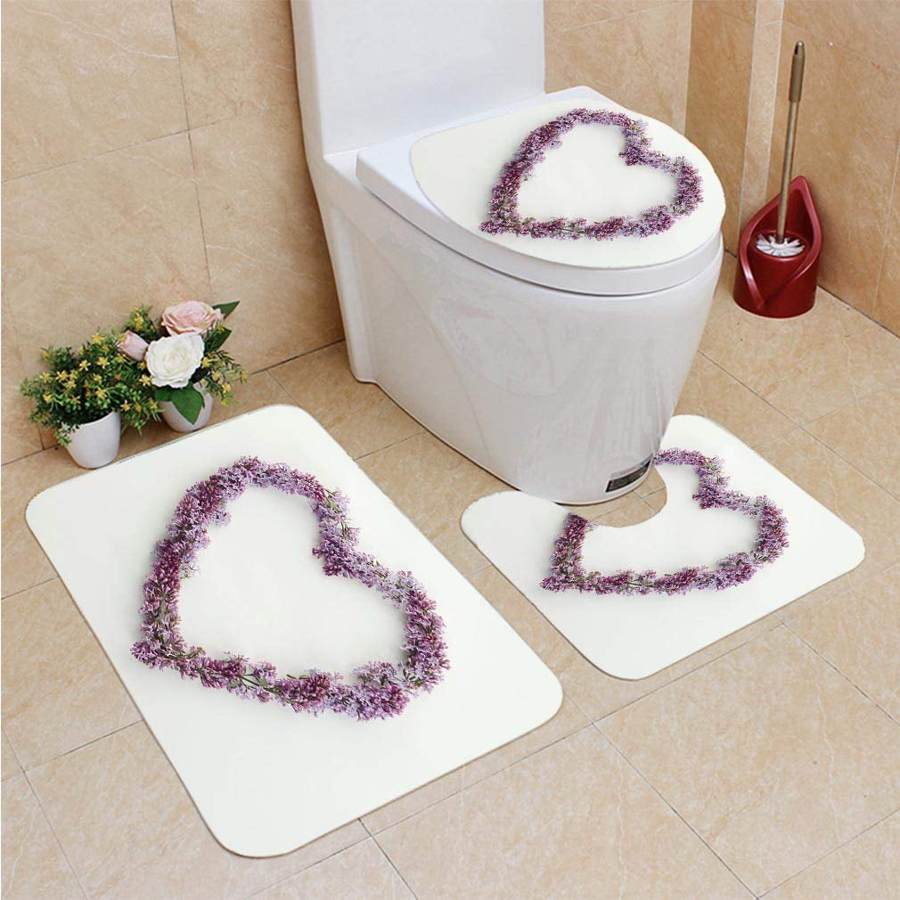 CHAPLLE Lilac Flowers in Form Heart 3 Piece Bathroom Rugs Set Bath Rug