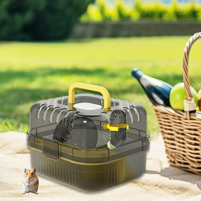 Jaula para hámster, estuche de viaje para animales pequeños, hábitat con ventilación portátil, estuche de transporte para hámster, jerbos, ratas, amarillo