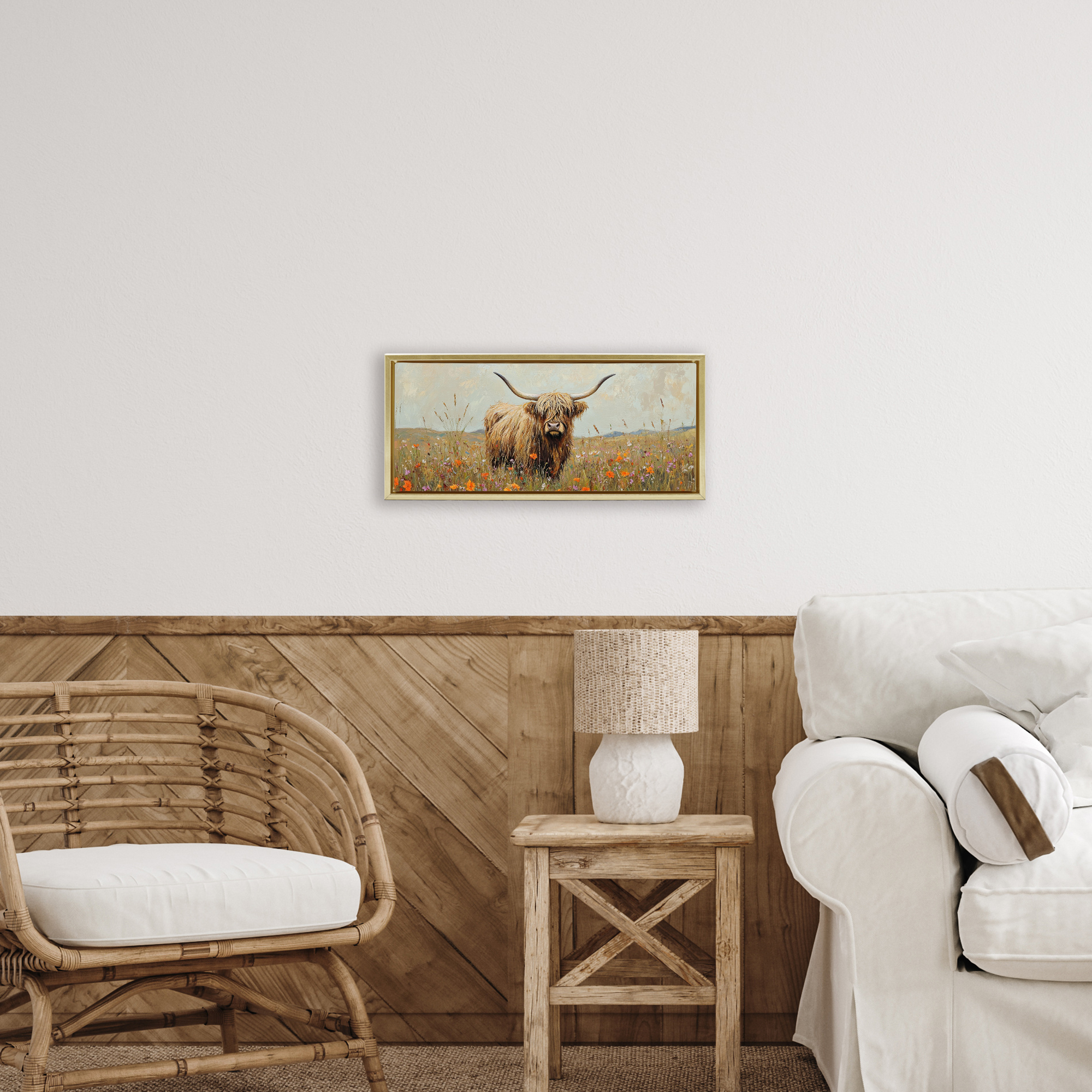 Stupell Industries Longhorn And Wildflowers Gold Framed Floater Canvas Wall Art design by Petal Prints Design, 14 x 31