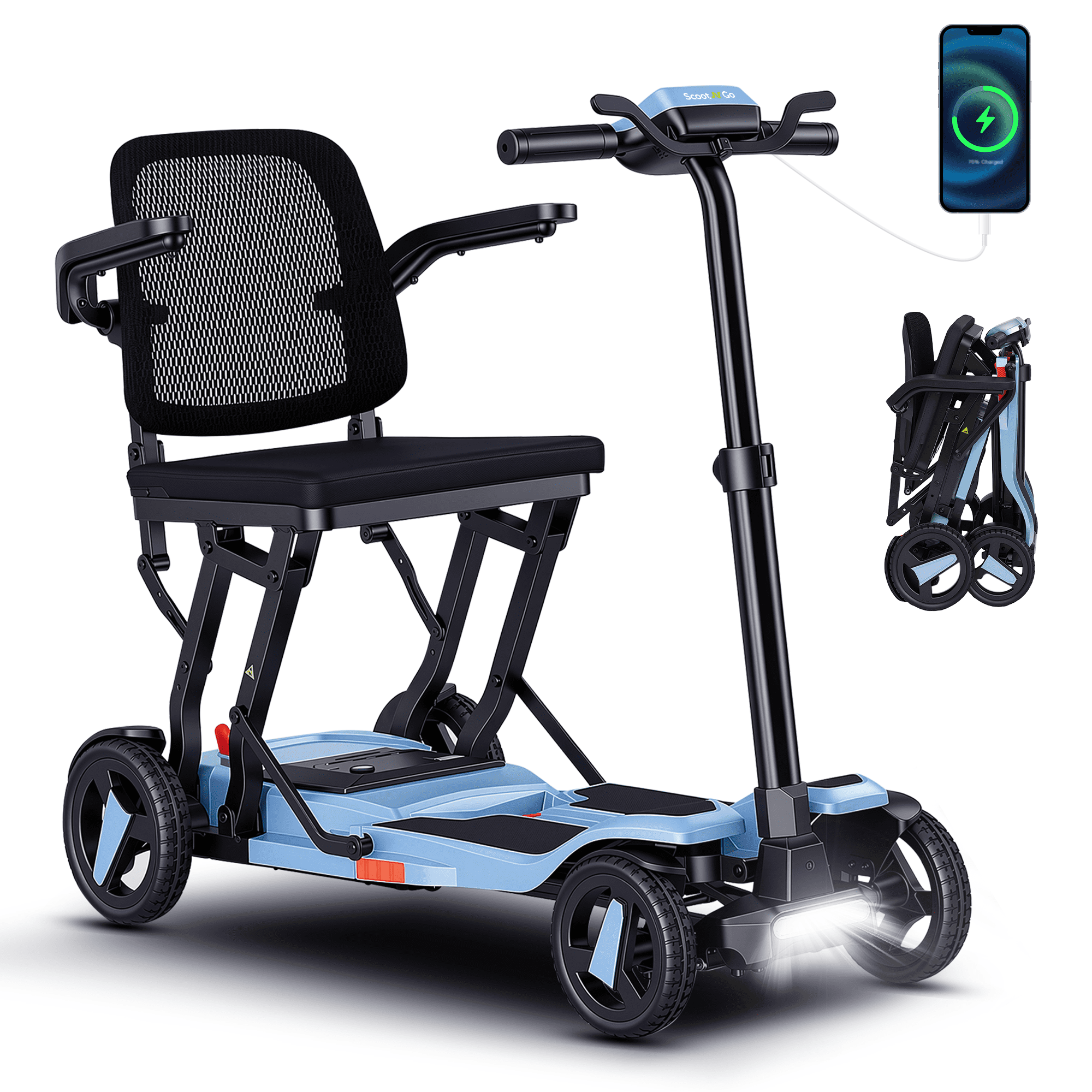 ScootNGo Voyager 33 lbs Lightweight Foldable Mobility Scooter for Seniors & Adult, Airline Approved 4-Wheel Electric Scooter, NFC Unlock, Light Blue