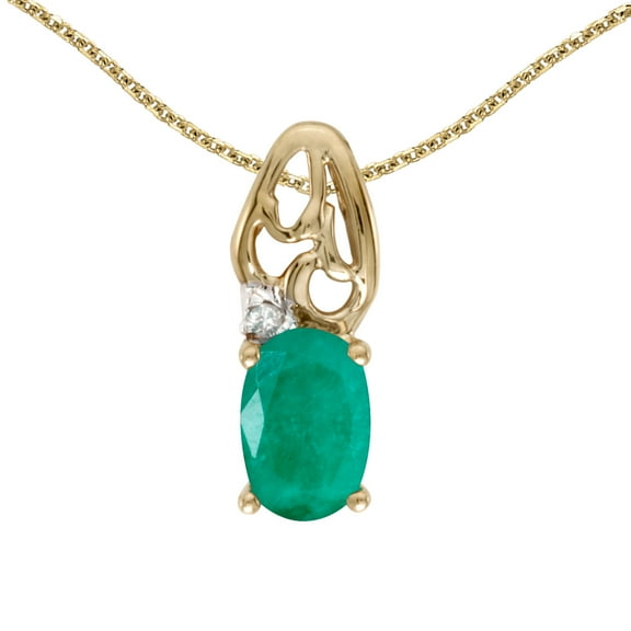 10k Yellow Gold Oval Emerald And Diamond Pendant with 18" Chain