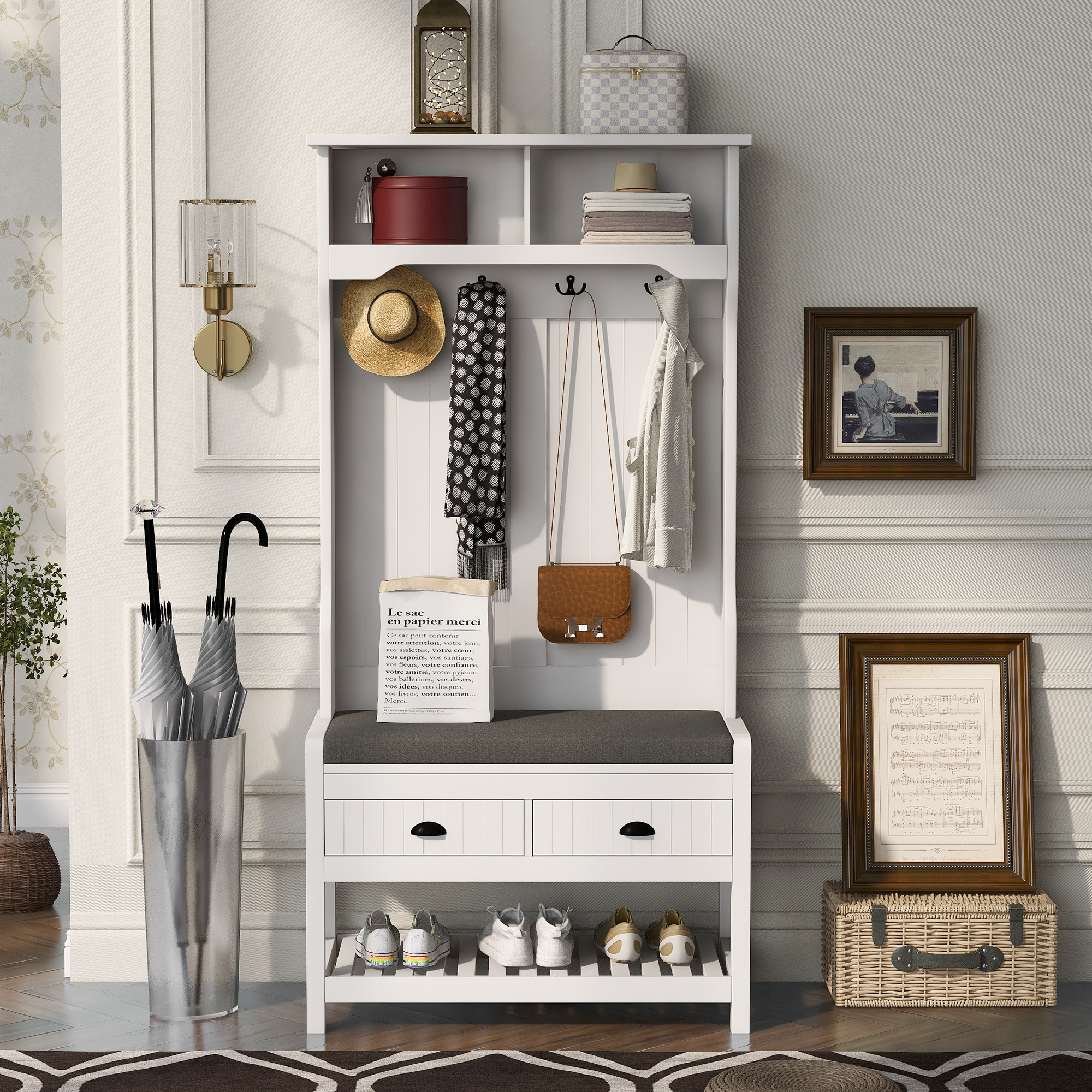 Mid Century Hall Tree with 2 Drawers Storage Bench, 69" Hall Tree with