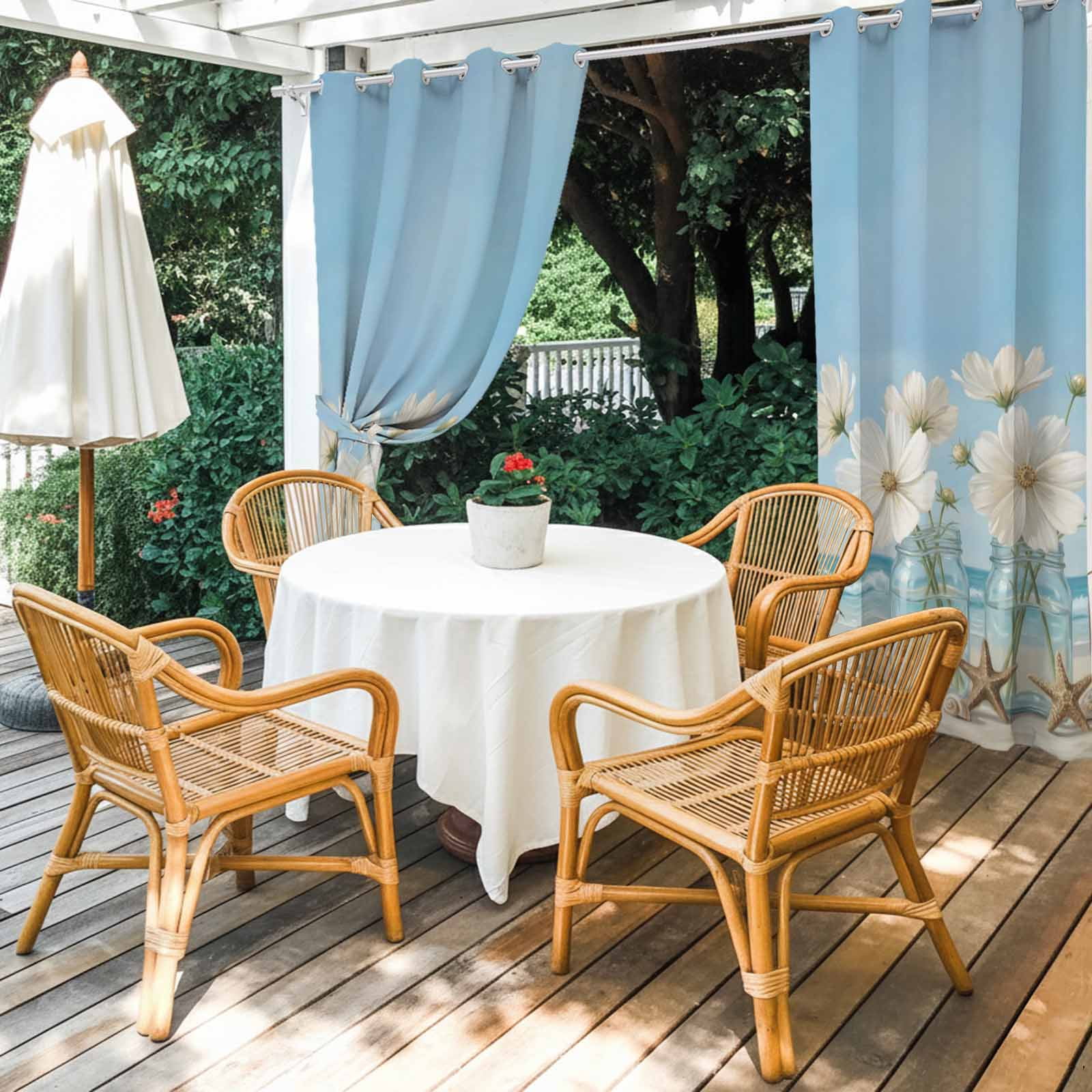 Coastal Scenery Outdoor Curtains for Patio, Summer Flowers Jars Starfish Beach Sunshade Privacy Drapes Grommet Waterproof Outside Curtains for Porch/Cabana/Balcony 54"x 108", 1 Panel
