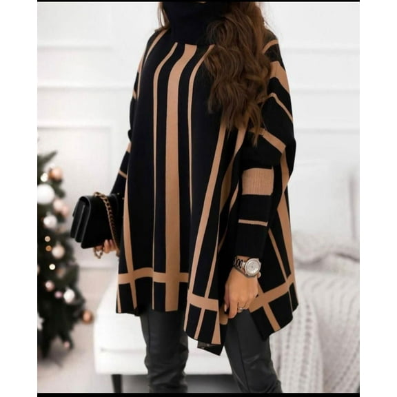Long Sleeve Tops for Women Casual Turtleneck Soft Sweaters Fall Loose Knit Tunic Tops Fall Pullover for Women Winter Clothes brown&black colorblock sweater