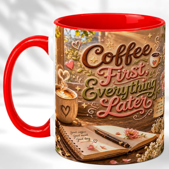 Coffee First Everything Later Mug, Funny Coffee Lover Cup, Cozy Morning Journal Design, Floral Desk Gift for Women, Ceramic 11 Oz Mug