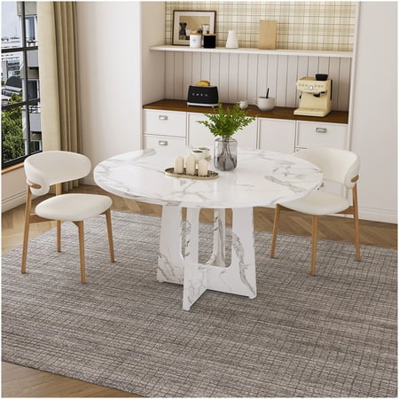 Modern Spiced Round Dining Table 47.24 Inch Farmhouse Table with White Marble Finish MDF and Iron Construction High Capacity for Kitchen and Dining Room