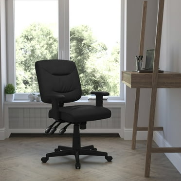 BizChair Mid-Back Black LeatherSoft Multifunction Swivel Ergonomic Task Office Chair with Adjustable Arms