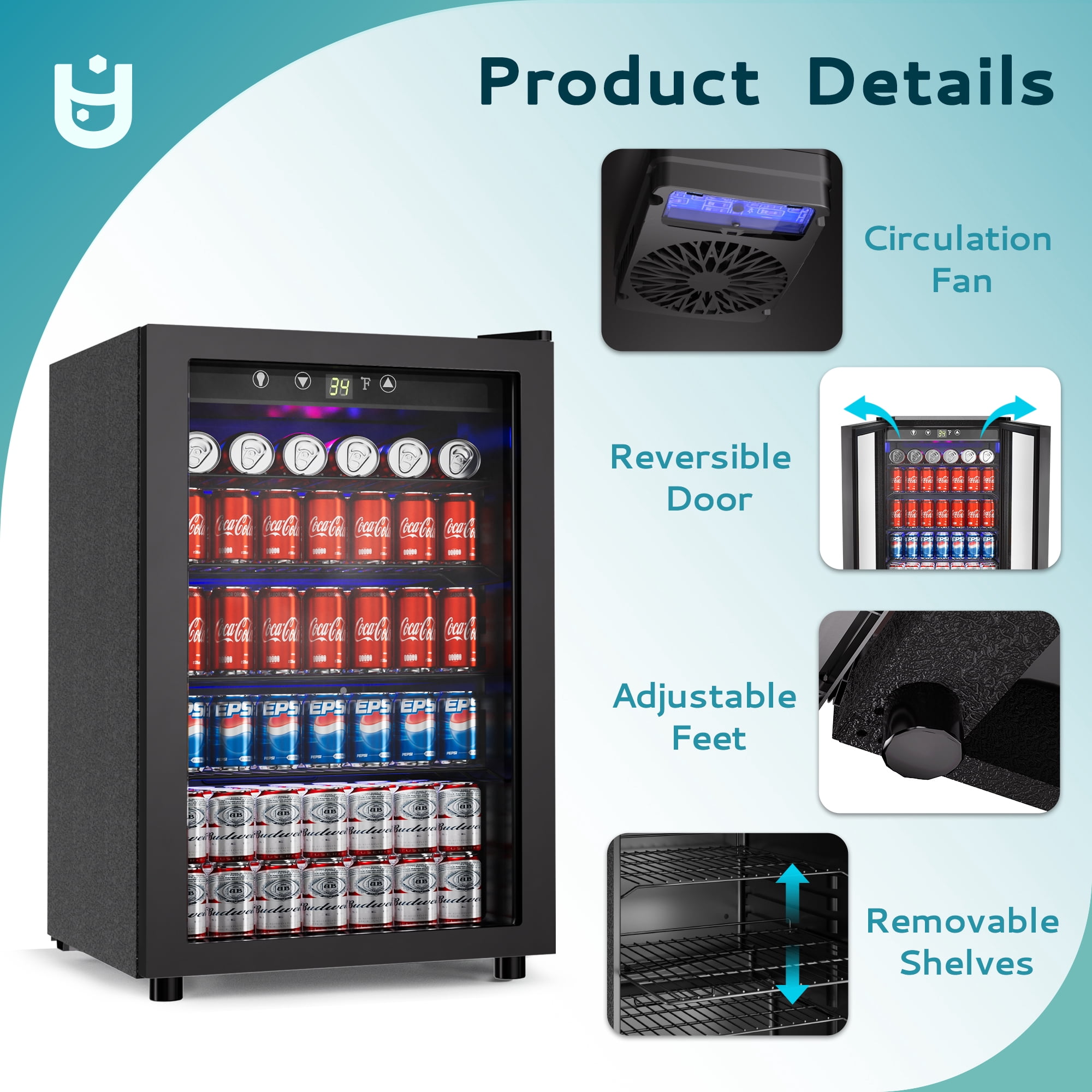EUHOMY 150 Can Beverage Refrigerator and Mine Cooler with Glass Door with Adjustable Shelves