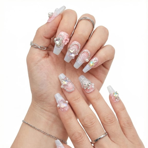 JC Short Length Press On Nails, Coffin, Handmade, Durable & Easy Application, 10 Pieces, Pink Red