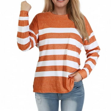 OJSFQUFP Plus Size Tops Women Long Sleeve Lightweight Tops Fall Crewneck Ribbed Shirts Basic Cute Going Out Tops Work Blouses for Women Orange S