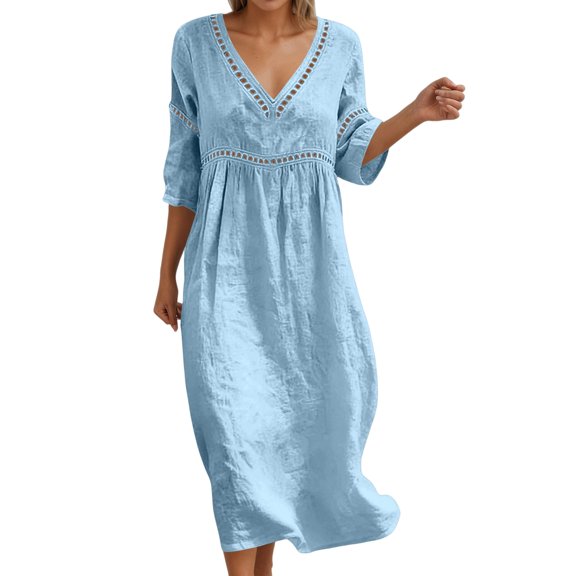 Bysome Women Dresses Solid Color 3/4 Sleeve V-Neck Flowy Dress Summer Comfortable Women Dress Size L Blue