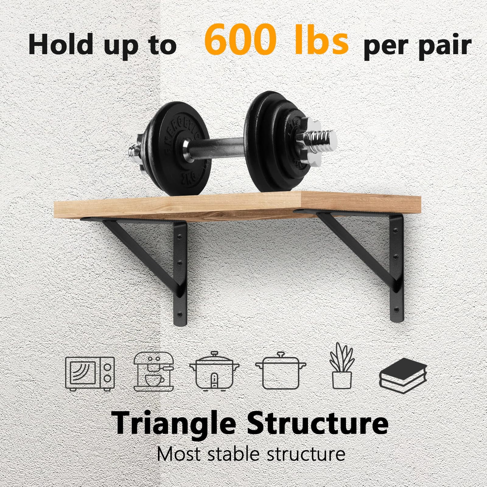 Heavy Duty Shelf Brackets 12 X 8 Inches  6 Pack Black Metal Shelves Supports Load Capacity: 600 Lb Wall Mounted Angle L Floating Bracket Rough Texture Powder Coating
