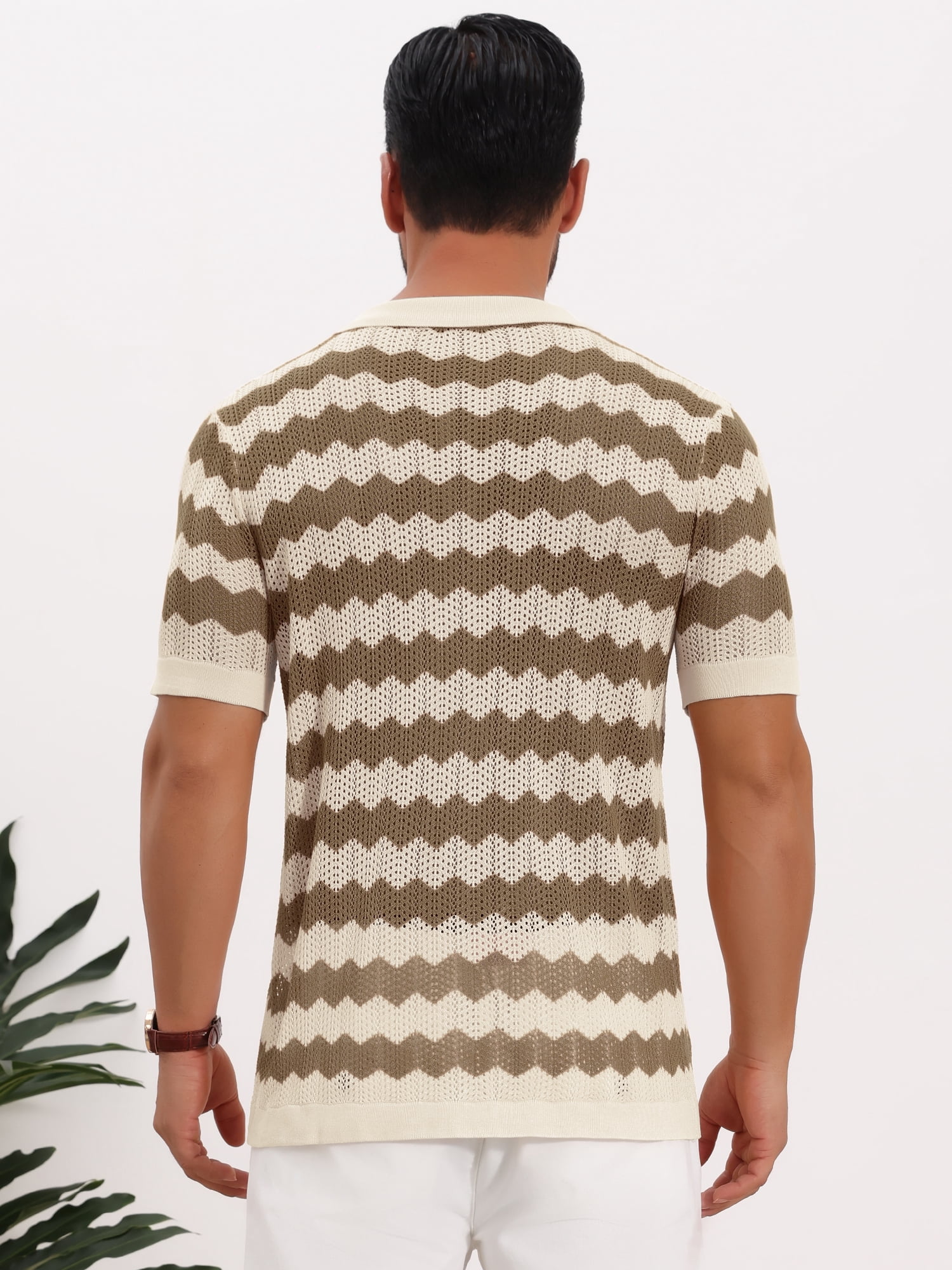 DARING DIVA Men's Wave Crochet Hollow Out Button Down Striped Shirts L Brown