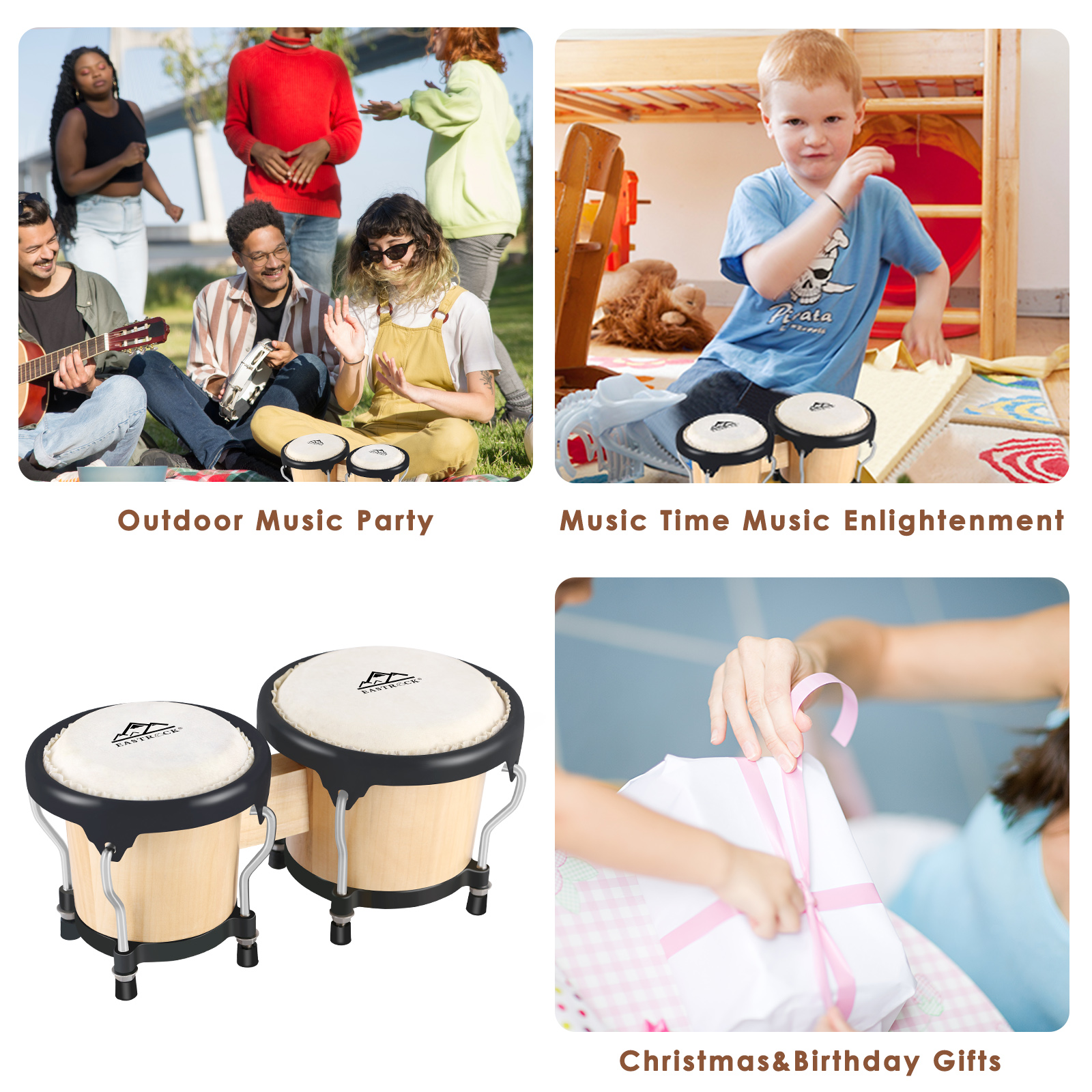EastRock Bongo Drum Set 4 & 5 Inch Natural Wood photo 7