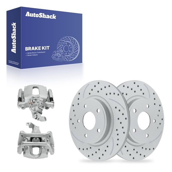 AutoShack Rear Solid Drilled & Slotted Coated Brake Rotors Silver Matte Finish   Calipers 4-PC Brake Kit Replacement for 2012-2020 Dodge Grand Caravan 2013-2015 Ram C/V TurboGuard 12.91" (328 mm)