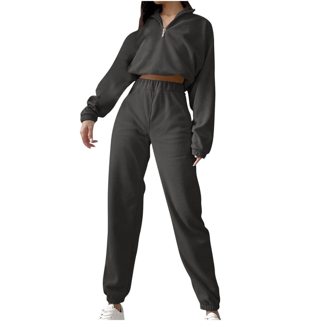 MeetoTime Womens Fleece 2 Piece Outfits Lounge Sets Crop Half Zip Sweatshirt and Jogger Pant Sweatsuits