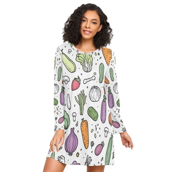 FORMRS Womens Long Sleeve Nightgowns Crew Neck Sleep Shirt Soft Pajamas Sizes S-3XL, Purple Vegetables Pattern