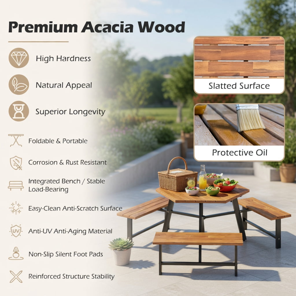 Hommoo 6-Person Acacia Wood Outdoor Picnic Table Set with 3 Benches, Rust-Resistant Metal Frame, Umbrella Hole & Adjustable Feet, Brown & Black