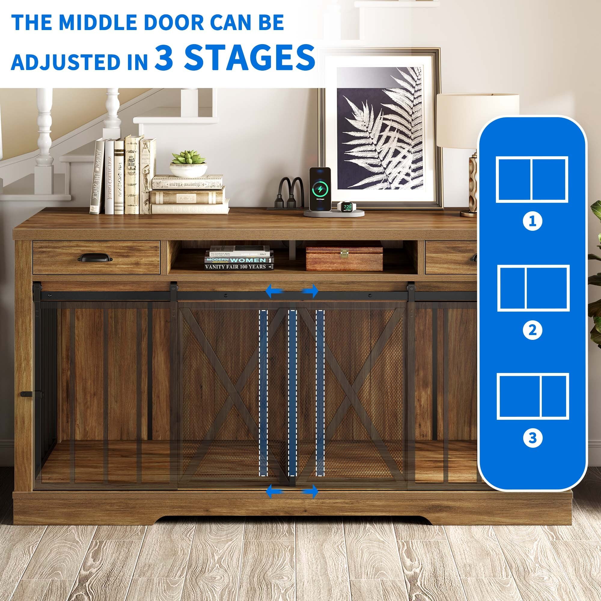 Uforic 63-Inch Dog Crate Furniture,TV Stand with Charging Station,Dog Kennel with Double Sliding Barn Door - Oak