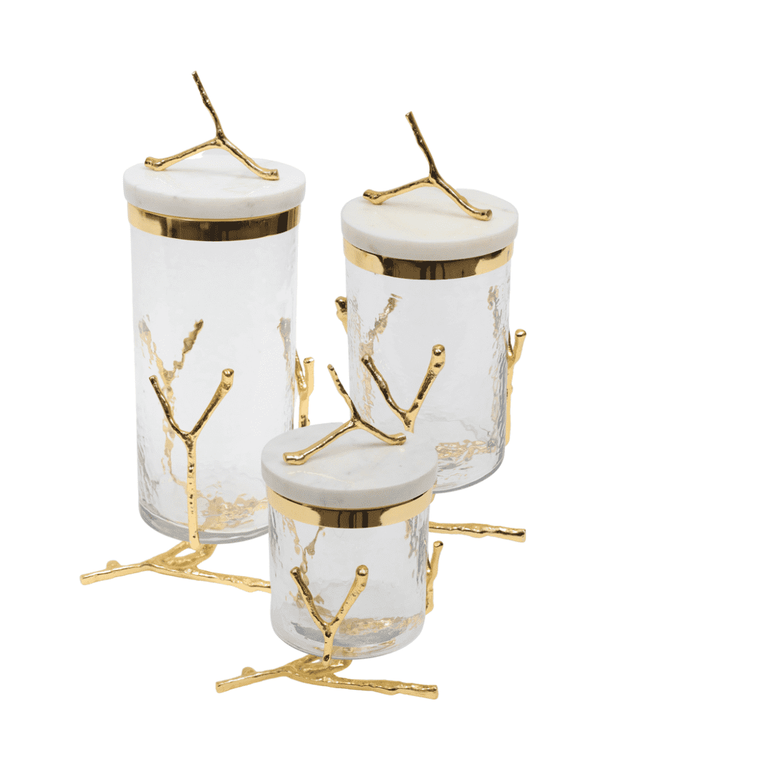 Gold Twig with White Marble Cover Glass Canister Set