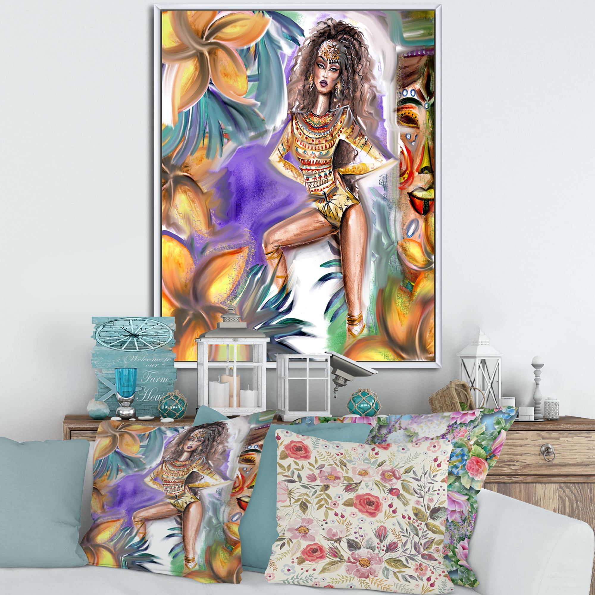 Designart 'Tropical Amazon Warrior Woman ' Traditional Framed Canvas Wall Art Print