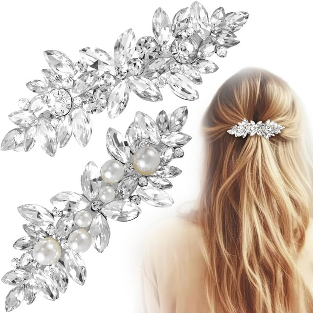 HINZIC 2 pinzas para el pelo con diamantes de imitación, pasadores para el pelo con perlas de cristal, aleación de metal, horquillas francesas, color plateado, brillante, para bodas, bailes, accesorio