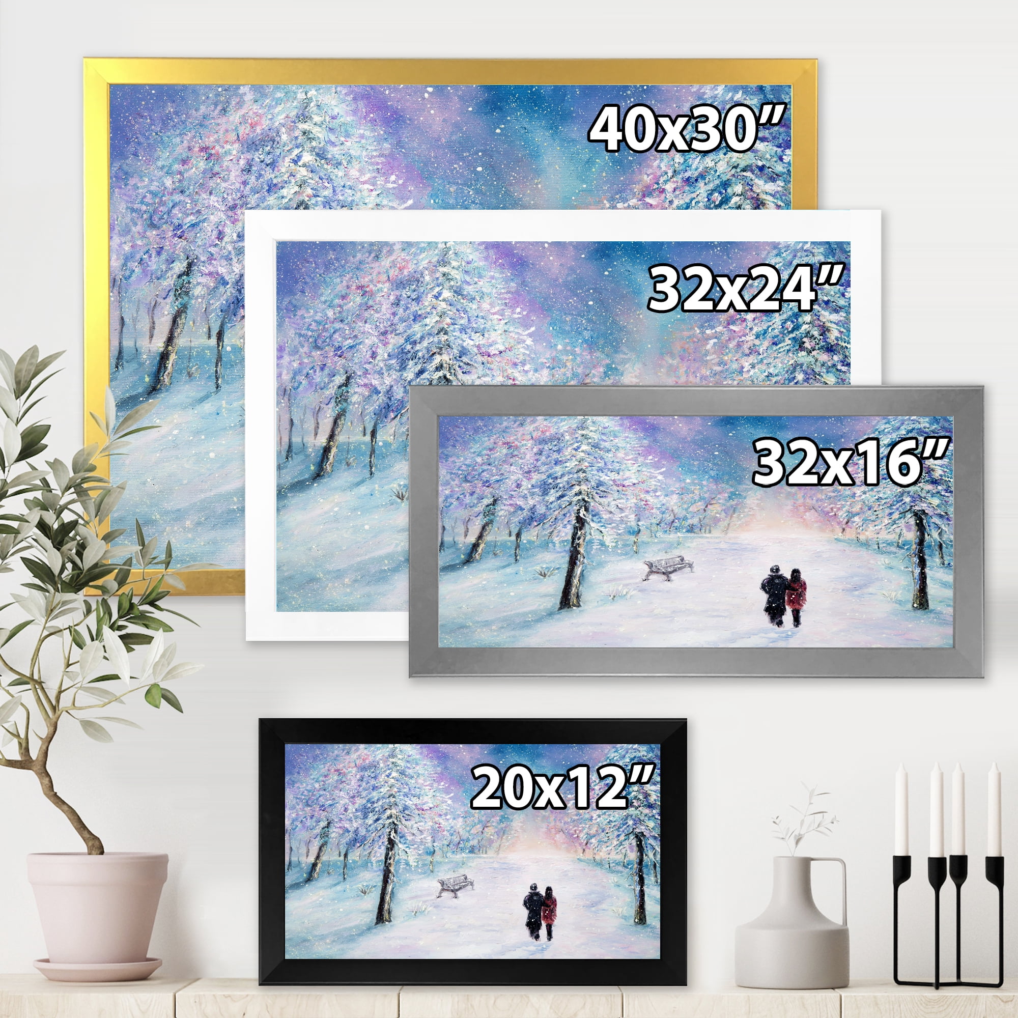Couple In Love Walks During Snowy Winter Times 20 in x 12 in Framed Painting Canvas Art Print, by Designart