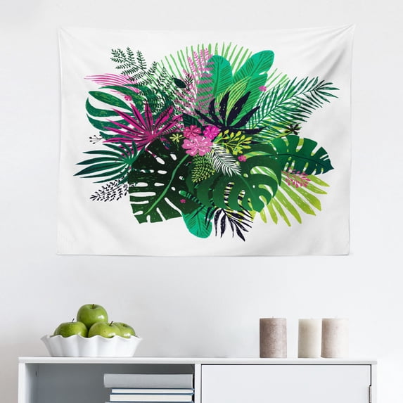 Philodendron Tapestry, Repetitive Outline Sketch of Uncolored Tropical Foliage, Fabric Wall Hanging Decor for Bedroom Living Room Dorm, 2 Sizes, Charcoal Grey and White, by Ambesonne