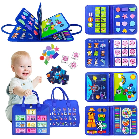 Boczif Busy Board Montessori Toys,Busy Book for Toddlers 1-3 Kindergarten,Travel Toy for Plane Car Gift for 1 2 3 4 Year Boys, Blue