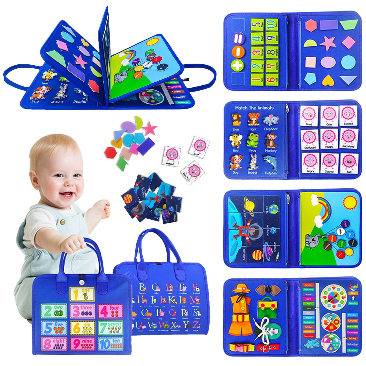 Boczif Busy Board Montessori Toys,Busy Book for Toddlers 1-3 Kindergarten,Travel Toy for Plane Car Gift for 1 2 3 4 Year Boys, Blue