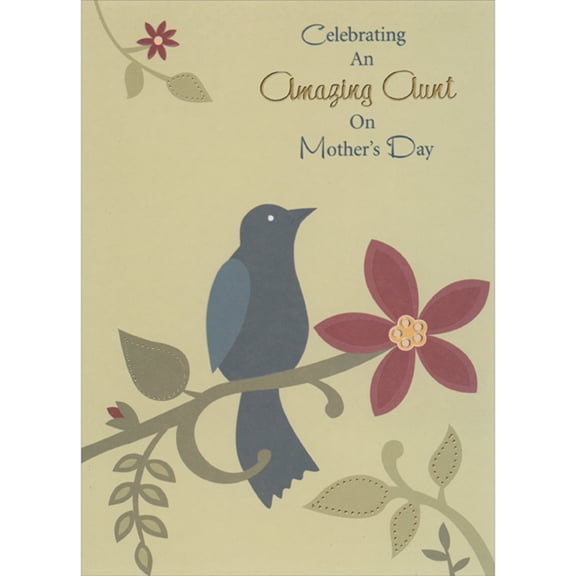 Designer Greetings Celebrating an Amazing Aunt: Dark Blue Bird on Thick Green Branch with Dark Red Flower African American Mother's Day Card