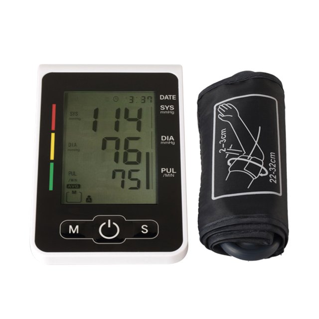 esfimomanómetro electrónico inteligente uso doméstico lcd digital tipo de brazo medidor de presió monitor negro frontal con pantalla LCD mostrando 114/76 mmHg y pulso 75; botones M, encendido y S en la base; brazalete ajustable negro plegado a la derecha con esquema de colocación para circunferencia 22–32 cm; incluye bolsa de almacenamiento y manual.
