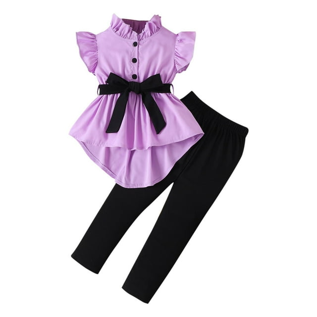 Zpanxa Girls Sets Solid Color Flying Sleeve Stand Collar Ruffled Short Sleeve Top and Long Pants Set 2 Years