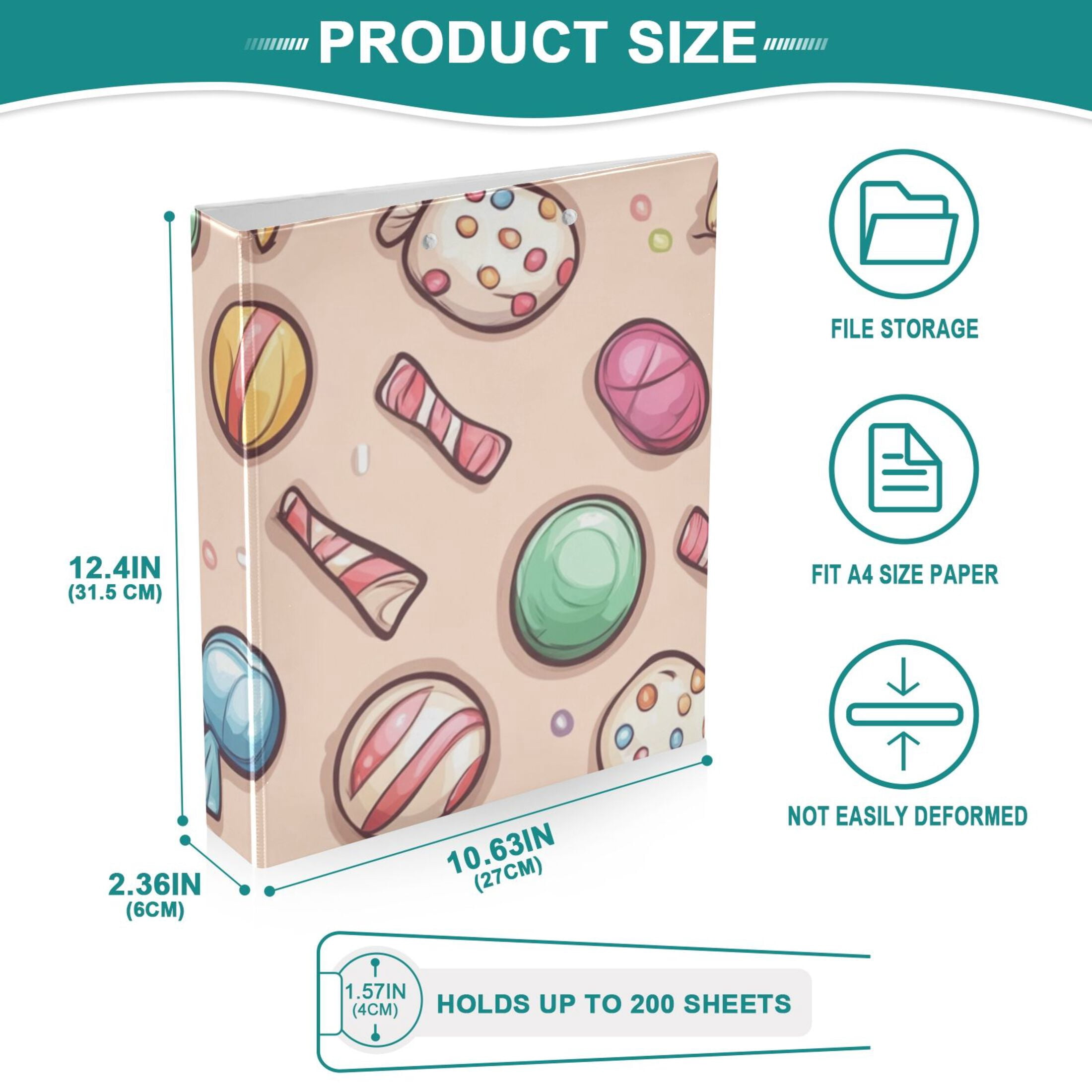 Cartoon Candys 3 Ring Binders 1.5 inch Hardcover File Folders with Interior Pockets A4 Size Organizer for School Office Hospital