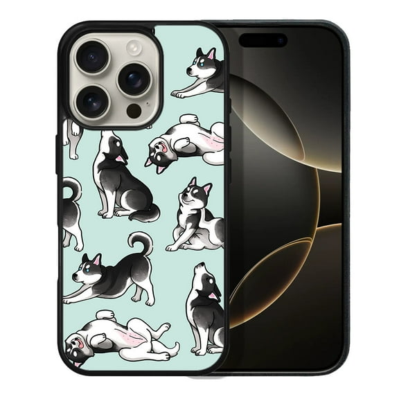 WIRESTER Shockproof Soft Rubber Cover Case for Apple iPhone 16 Pro 6.3" 2024, Siberian Husky Funny Playful Postures On Aero Blue Background