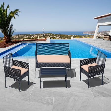 JUNKAI 4-Piece Outdoor Patio Furniture Set Wicker Rattan Chairs & Sofa with Cushions and Glass Coffee Table Outdoor Conversation Set