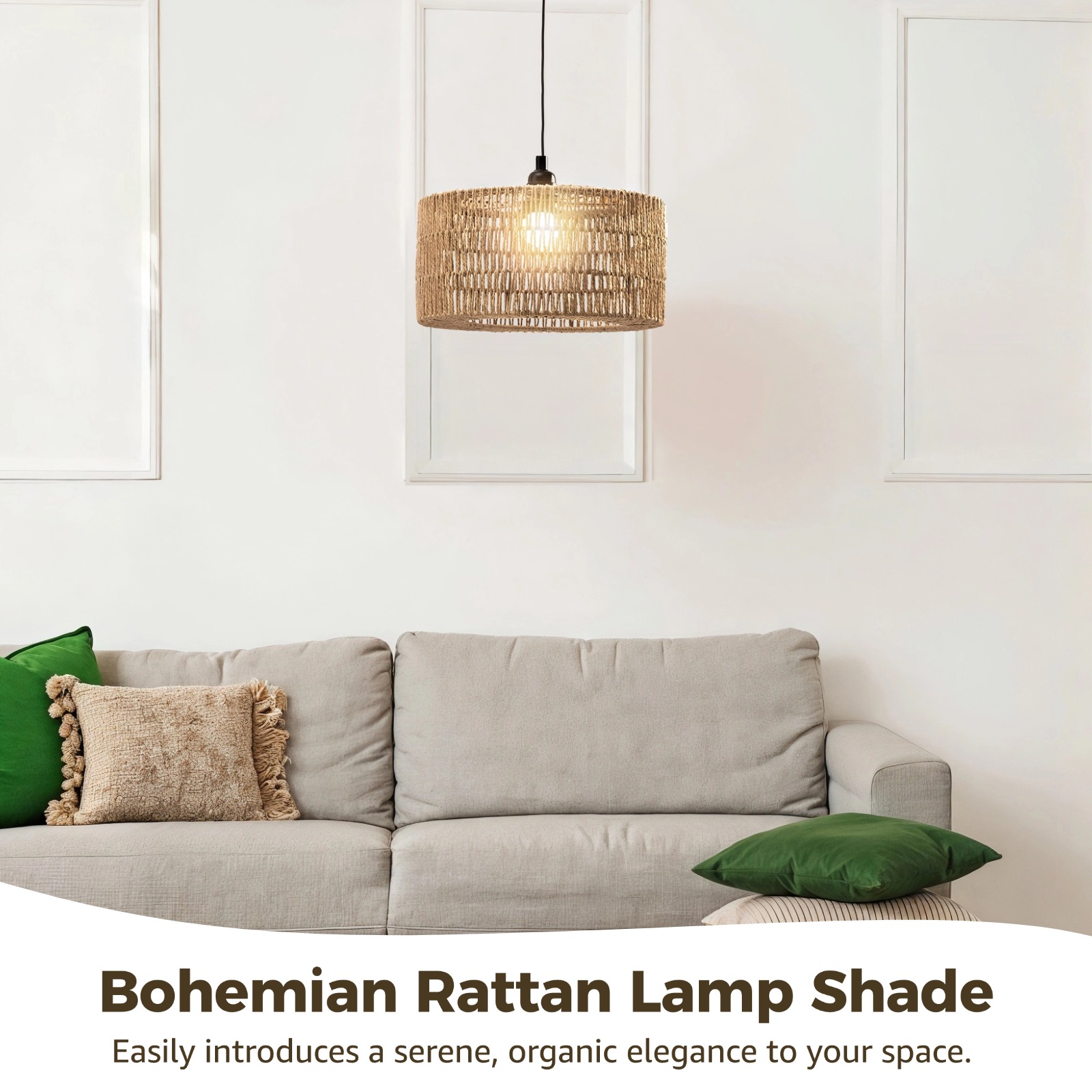 Rattan Lamp Shade, Bohemian Cylinder Lampshade, Rustic Paper Rope Light Cover, Floor Lamp Cover for Living Rooms, Cafes, Restaurants, Tea Rooms, Easy Installation