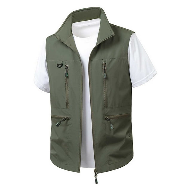 2025 Men's Spring and Summer Tops for Men Pack Vest Casual Collar Bag Fishnet Shirt Cargo Vest Coat Slim Fit Shirts for Men Tops for Men Loose Fit Plus Size Mens Top